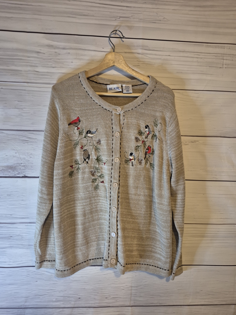 Blair Vintage Beige Tan Embroidered Cardinal Bird Cardigan Sweater Large